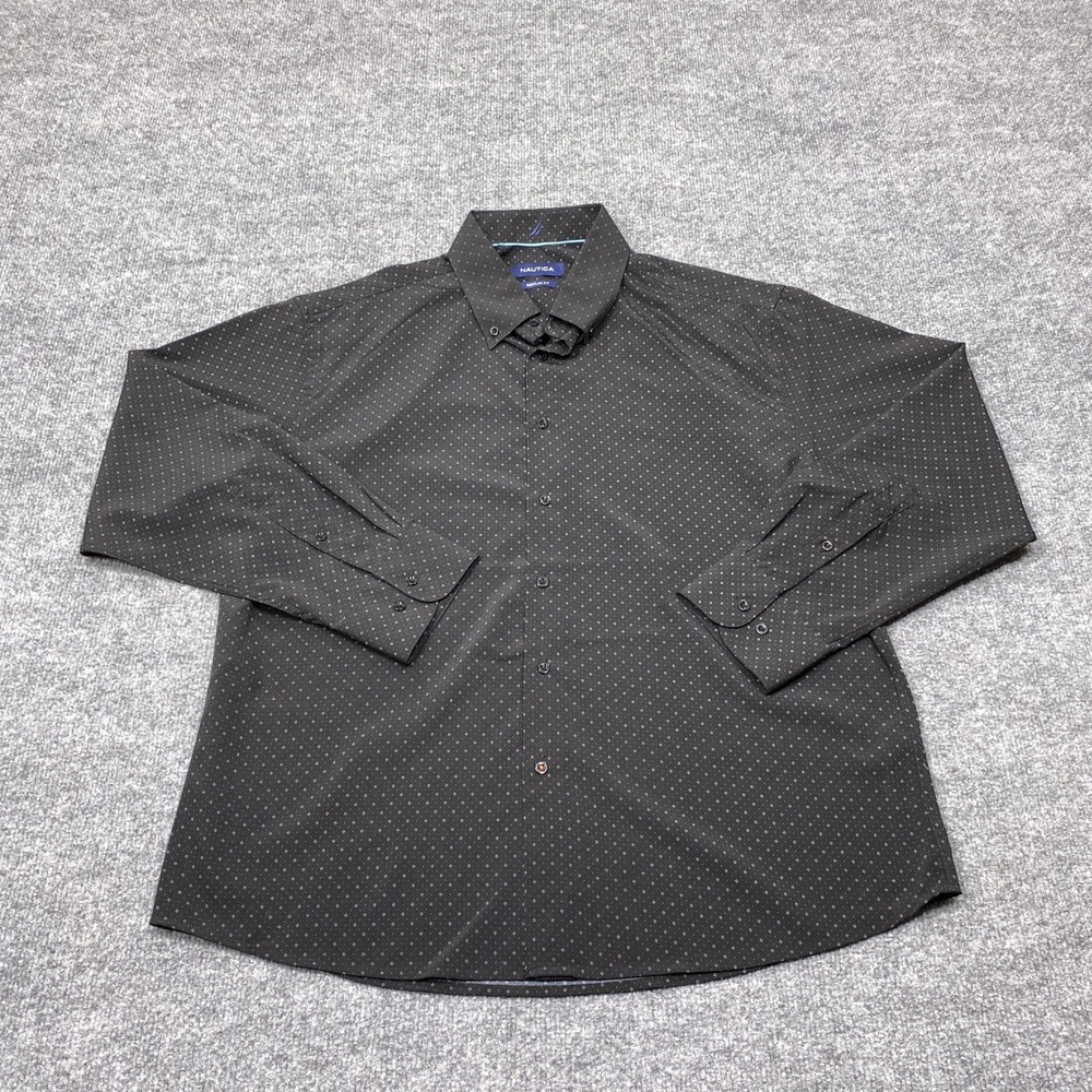 Nautica Shirt Mens Large Black Geometric Diamond Print Regular Fit Long Sleeve